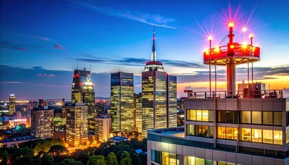 Fototapeta premium Modern city skyline at dusk with emergency helicopter pad lights glowing