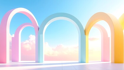 Fototapeta premium Colorful Pastel Arches Against Soft Sky Backdrop – Whimsical Design Illustration