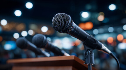 Close-up of multiple microphone plugs connected to a press podium, shallow focus isolating connectors, soft bokeh in the background, subtle metallic reflections and cable textures