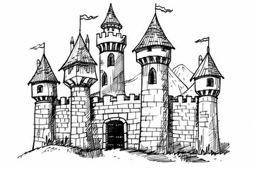 Fototapeta premium Coloring page of a cartoon drawing of an old castle with turrets, clean and sharp cross-hatching inking, in coloring book style on a white background.