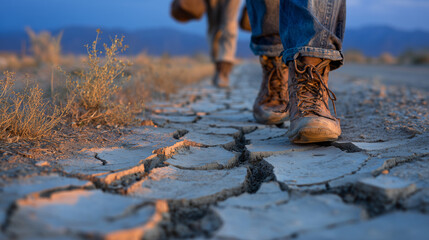 Rear close-up of climate refugees walking along a cracked rural road, worn shoes and tattered bags visible, parched vegetation on both sides, warm evening sunlight casting long sha