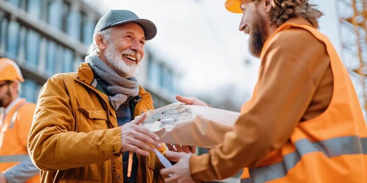Construction Site Collaboration: A heartwarming scene unfolds as a construction worker hands a package to a smiling older gentleman against a backdrop of ongoing construction.