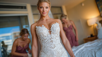 Fototapeta premium Wide-angle view of bridal suite, bride adjusting veil while bridesmaids fix gown and hair, soft light illuminating delicate lace and silk textures, reflective mirrors enhancing the