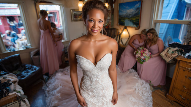 Wide shot of bride in bridal suite surrounded by bridesmaids, makeup finalization in progress, dresses being adjusted, natural sunlight creating warm reflections on mirrors and pol