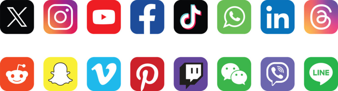 Ultimate Social Media Icon Set with X, Instagram, YouTube, Facebook, TikTok, Threads, and WhatsApp Logos in Rounded Squares