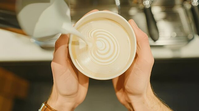 Barista pouring steamed milk into a cup creating latte art patterns a close-up showcasing the precision and artistry of coffee preparation in a cafe setting