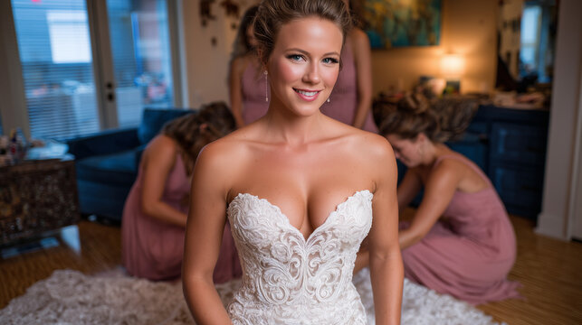 Wide shot of bride in bridal suite surrounded by bridesmaids, makeup finalization in progress, dresses being adjusted, natural sunlight creating warm reflections on mirrors and pol