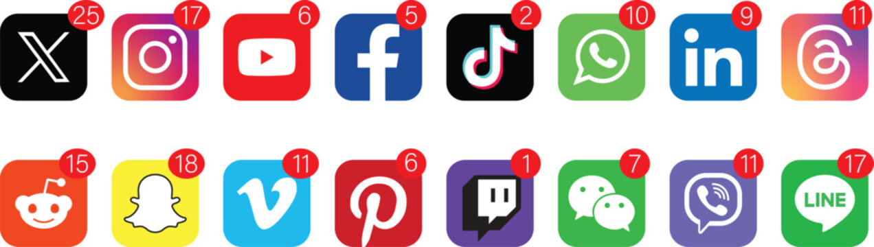 Popular Social Media Icons Set with Red Notification Badges and Number Counters for X, Instagram, YouTube, Facebook, TikTok, and More