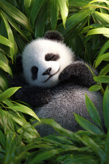 Obraz premium Asian zen spa concept featuring an adorable panda swaddled in a soft towel on a bamboo mat with steam.