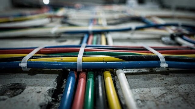 Focused perspective on grouped multicolored cables fastened securely beneath floor slabs with indistinct blurred cables surrounding to emphasize controlled cable chaos.