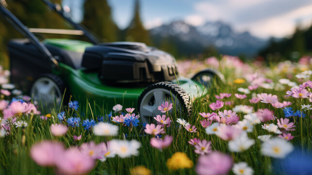 Side-angle close-up of a green push lawnmower trimming tall meadow grass, wildflowers bending slightly under the mower, sunlight illuminating blades and petals, vibrant summer gard