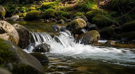 Obraz premium Refreshing cascade of sparkling water flowing over smooth, dark grey rocks in a lush forest setting