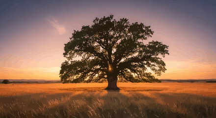 Fototapeta premium Solitary Oak Tree Silhouette at Sunset in Golden Field