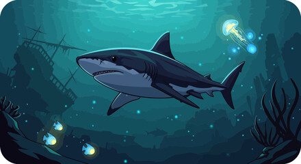 Fototapeta premium Great White Shark Swimming in Deep Ocean, Jellyfish and Shipwreck