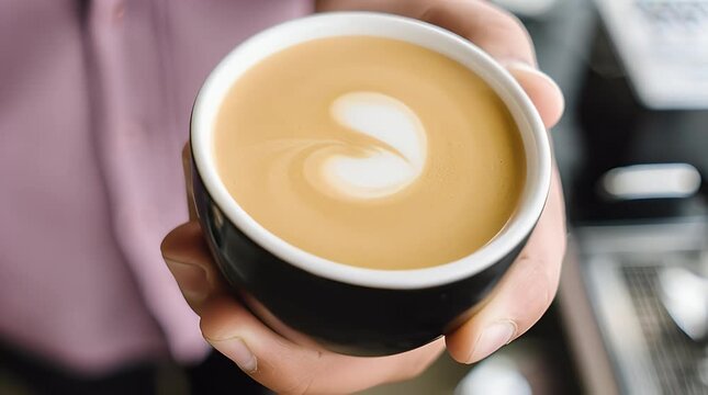Barista skillfully creates latte art in a cup of creamy coffee showcasing precision and artistry for a cozy cafe atmosphere and beverage branding