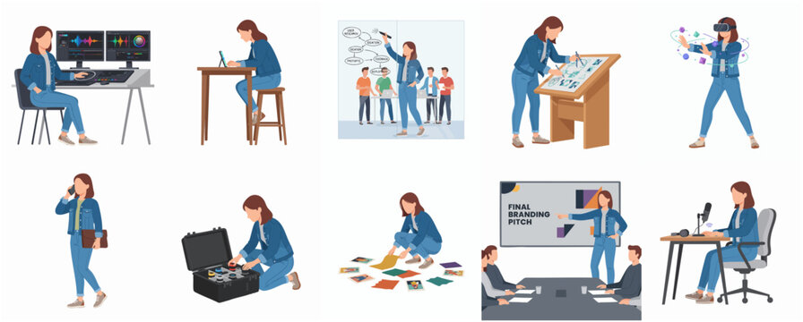 Flat Diverse Activity Set Female Character in Various Actions Illustration