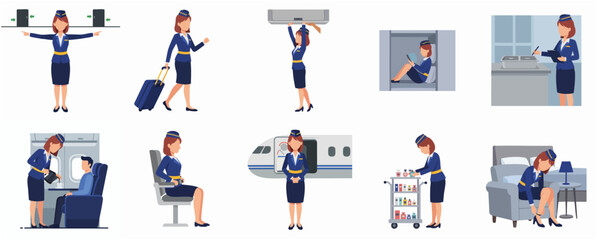 Fototapeta premium Flat Illustration Collection of Flight Attendant in Various Poses and Scenes