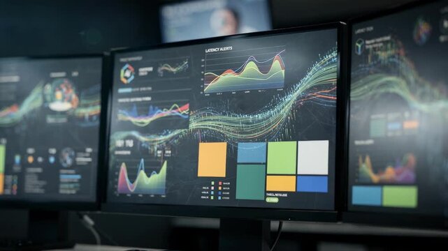 Focused view of a security operations center display wall showing latency alerts and threat analytics on multiple monitors with the rest softly out of focus.