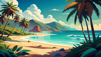 A serene tropical beach scene with palm trees and mountains © Chandra