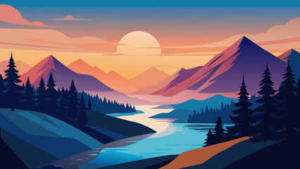 A serene mountain landscape with a river at sunset in a vector graphic illustration © Chandra