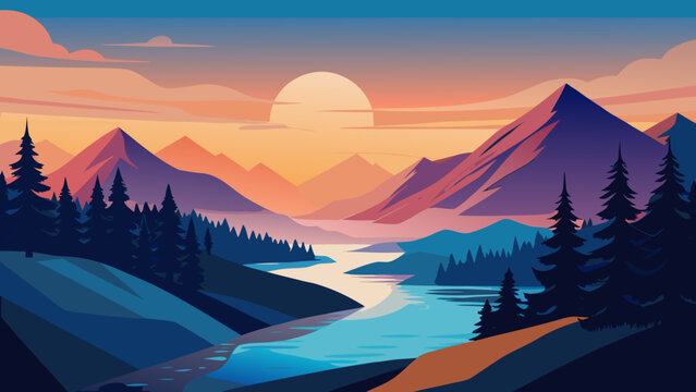 A serene mountain landscape with a river at sunset in a vector graphic illustration