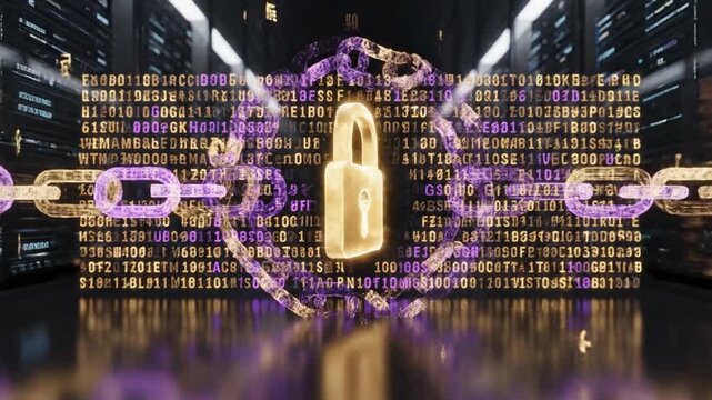 Digital Fortress: a symbol of digital security with a lock surrounded by a chain, with rows of data in the background, represents the importance of data protection and privacy in the digital age.