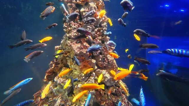 A variety of vibrant African cichlid fish swim near a rock formation in a freshwater aquarium. The scene shows multiple species of colorful tropical fish in a clear aquatic environment.