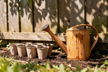 Naklejka premium A rusty metal garden rake lies on dark fertile soil next to a protective work glove and a burlap wrapped tree root ball.