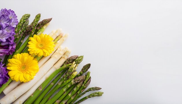 Top view of green, white and purple asparagus and yellow fresia flowers on white background with copy space