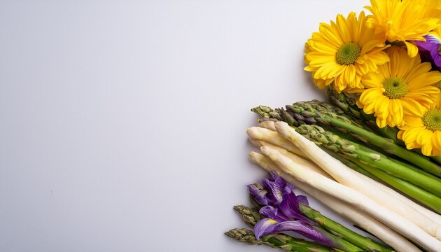 Top view of green, white and purple asparagus and yellow fresia flowers on white background with copy space