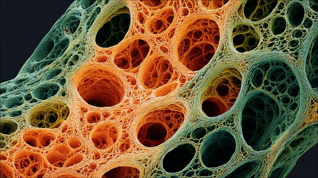 A microscopic view of a porous material with a complex network of holes and cavities in orange and green hues