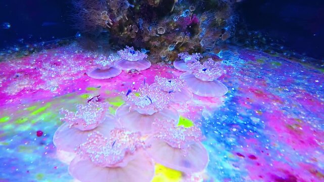 Several upside-down jellyfish lie on a vibrant multicolored seabed inside an aquarium tank. The footage shows the unique pulses of these cassiopea jellyfish in a brightly lit artificial environment.