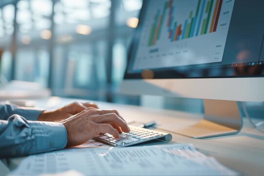 Analyzing Data: Hands of a skilled individual diligently working on a computer, deciphering complex financial data and navigating through detailed charts. A scene of focused determination.