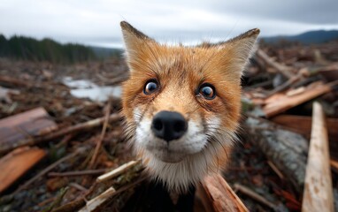 Fototapeta premium Distressed Fox with Sad Eyes in a Natural Setting Surrounded by Debris