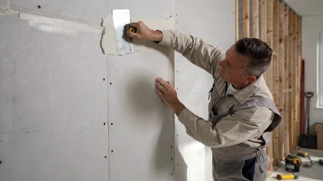 Scene showing a technician applying soundabsorbing drywall to an interior wall focusing on the careful alignment and smooth finishing process.