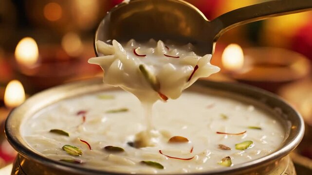 Authentic Indian dessert with creamy rice pudding and garnished with saffron and pistachios. Rice pudding dessert served with warm flavors creates an inviting atmosphere for celebrations.
