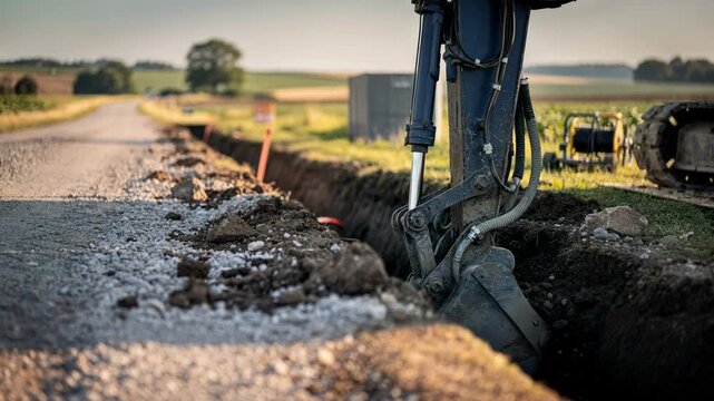 Rural fiber optic cable trenching using excavator at a countryside gravel road focusing on the digging bucket with a softfocus farmland backdrop.