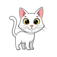A cute cartoon white cat with big yellow eyes © KHDEJASTOCK