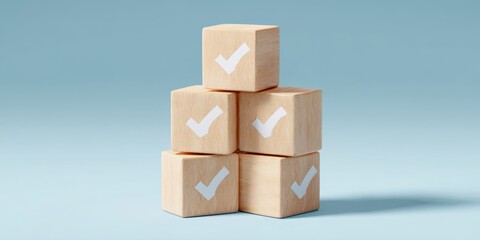 Obraz premium The Wooden Blocks with White Checkmarks Symbolizing Approval, Quality, Success and Teamwork