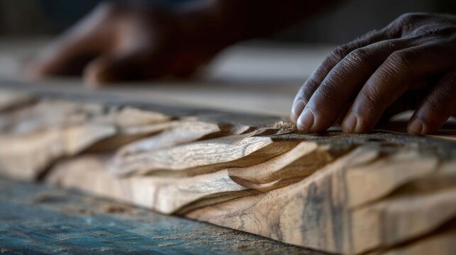 Close-up of a person's hands working on a piece of wood. the wood appears to be a light-colored wood with a rough texture.