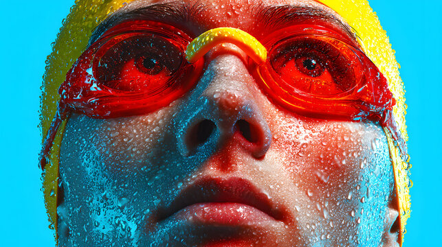 Closeup of swimmer with goggles and water droplets