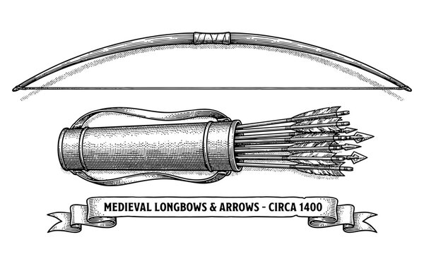 Medieval longbow and quiver with arrows on a wooden surface circa 1400