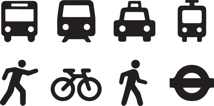 Common transportation and travel method icons displayed in a simple black and white design