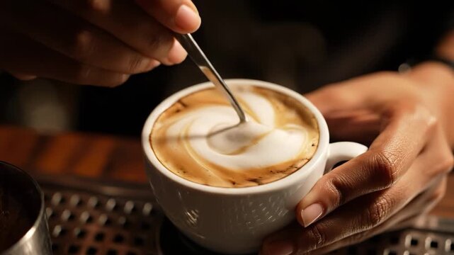 Closeup of hands crafting a cup of coffee with steamed milk