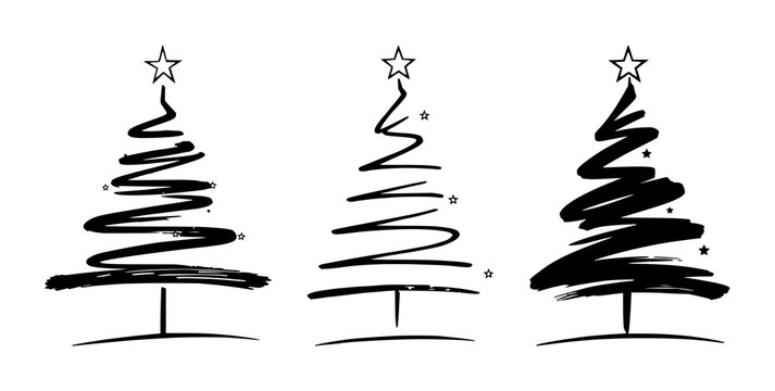 Christmas tree set with minimalist black brushstroke design featuring stylized zig‑zag squiggle, star elements and continuous line composition with bold star topping and modern aesthetic