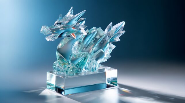 Frosted Dragon Sculpture with Crystallized Detail on a Polished Base