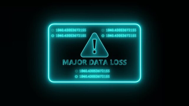 Major data loss obscurity warning interface animation with glowing neon digital alert panel, futuristic system breach notification and network security display