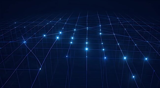 Dynamic glowing blue grid with connected nodes on a dark background, abstract technology