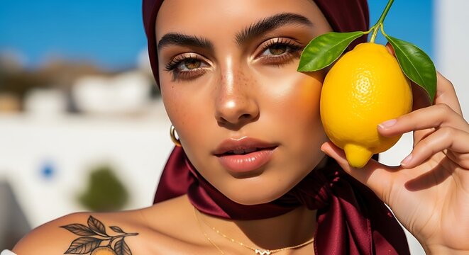 Beautiful Woman in Hijab Holding Fresh Lemon with Leaf Tattoo