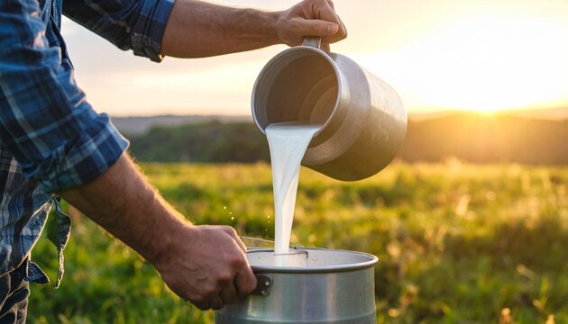 Close up hand Farmer pouring raw milk from dairy farm into container on blur nature background. Farmer lifi photo concept